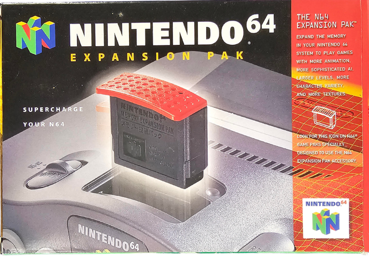 Expansion Pak CIB Nintendo 64 N64 accessory featuring memory expansion hardware for Nintendo 64 console increased system memory enhanced game performance compatible Nintendo 64 games complete in box retro video game accessory N64 collection collectible gaming hardware appeal front cover art