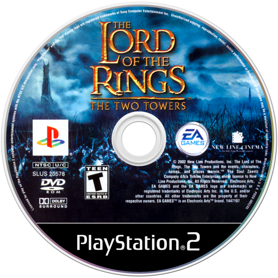 PlayStation 2 disc game cover of 'The Lord of the Rings: The Two Towers' with characters and title.