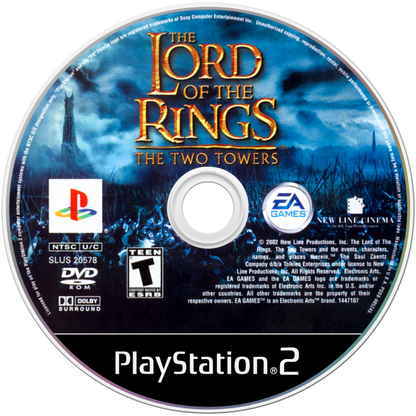 PlayStation 2 disc game cover of 'The Lord of the Rings: The Two Towers' with characters and title.