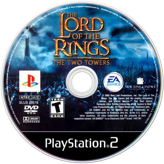 PlayStation 2 disc game cover of 'The Lord of the Rings: The Two Towers' with characters and title.