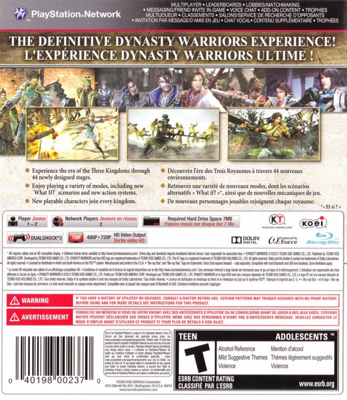 Dynasty Warriors 8 PlayStation 3 PS3 video game featuring action combat gameplay massive battles legendary warriors ancient China battlefield strategy weapon attacks character abilities and intense hack and slash gameplay PlayStation 3 retro video game collection collectible gaming appeal back cover art