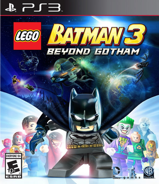 LEGO Batman 3 Beyond Gotham PlayStation 3 action-adventure video game featuring Batman Robin Justice League Lantern worlds outer space setting Brainiac villain character swapping puzzle solving brick-building humor collectible studs DC Comics superhero roster Lantern rings powers front cover