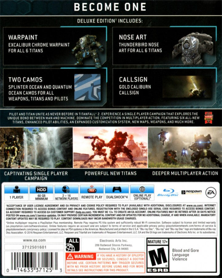 Titanfall 2 [Deluxe Edition] for PlayStation 4 (PS4) at Gamers INC, featuring the critically acclaimed sci-fi shooter that blends fluid wall-running pilot movement with devastating Titan combat, including a masterful single-player campaign, fast-paced multiplayer, and exclusive Deluxe Edition digital content like Prime Titan skins and Warpaints to dominate the Frontier in style back cover  