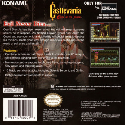 Castlevania: Circle of the Moon Nintendo Game Boy Advance GBA for action adventure metroidvania retro video game fans featuring vampire hunting gothic castles platforming exploration magical abilities powerful weapons challenging bosses classic handheld gaming collectible gaming appeal back of case