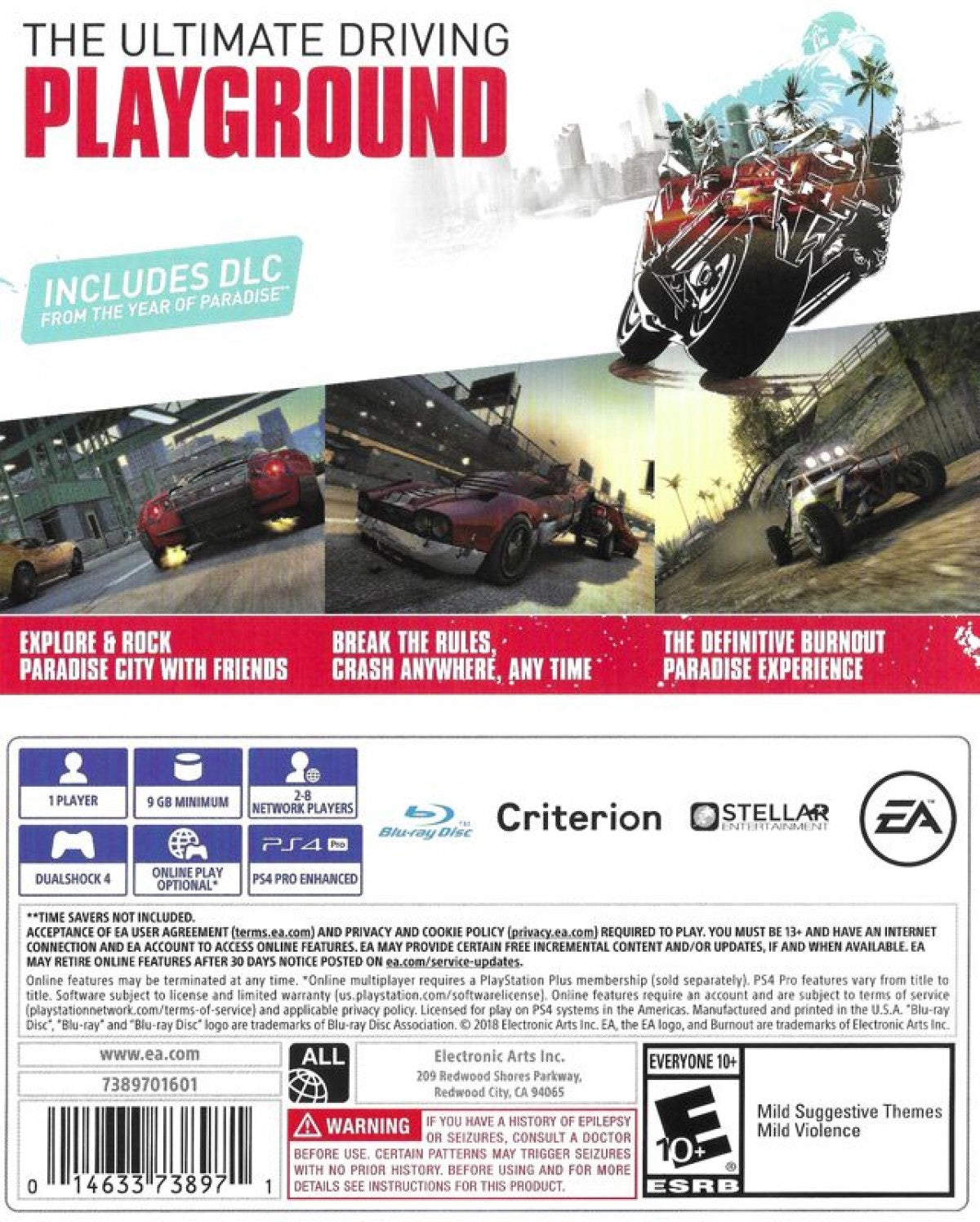 Burnout: Paradise Remastered back of case for PlayStation 4 (PS4) open-world arcade racing video game