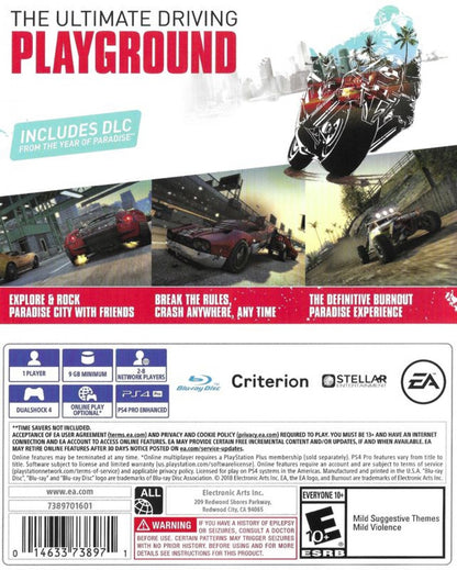 Burnout: Paradise Remastered back of case for PlayStation 4 (PS4) open-world arcade racing video game