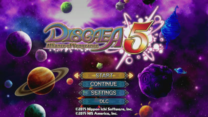 Disgaea 5: Alliance of Vengeance – PlayStation 4 (PS4) video game title page, strategy RPG by Nippon Ichi Software