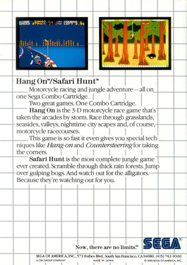 Hang-On and Safari Hunt – Sega Master System (SMS) back of case for motorcycle racing and light gun shooting video game compilation
