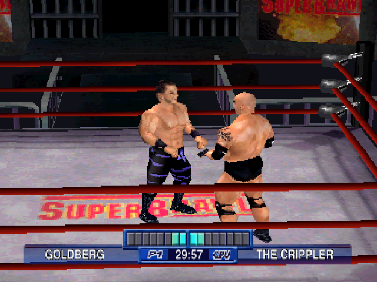 WCW Mayhem game for the PlayStation featuring professional wrestling gameplay with a roster of WCW superstars career and exhibition modes signature moves and arcade style matches based on late 90s wrestling entertainment gameplay 