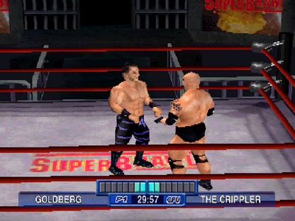 WCW Mayhem game for the PlayStation featuring professional wrestling gameplay with a roster of WCW superstars career and exhibition modes signature moves and arcade style matches based on late 90s wrestling entertainment gameplay 