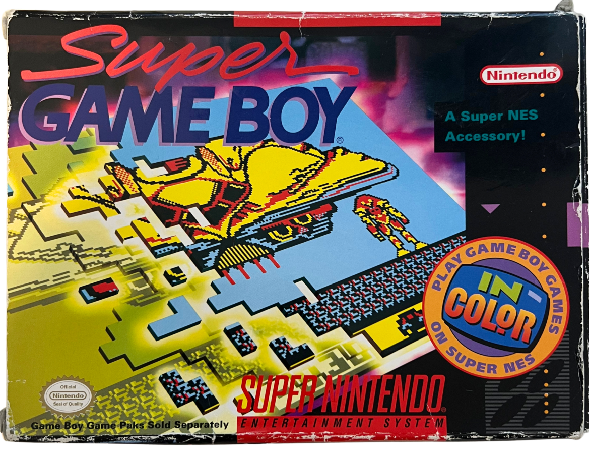 Super Game Boy retro Super Nintendo video game accessory featuring Game Boy game compatibility, handheld game support, classic Nintendo hardware and SNES console gameplay - front of box