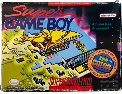 Super Game Boy retro Super Nintendo video game accessory featuring Game Boy game compatibility, handheld game support, classic Nintendo hardware and SNES console gameplay - front of box
