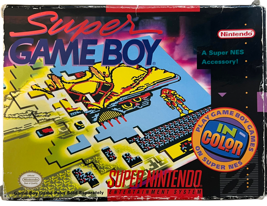 Super Game Boy retro Super Nintendo video game accessory featuring Game Boy game compatibility, handheld game support, classic Nintendo hardware and SNES console gameplay - front of box