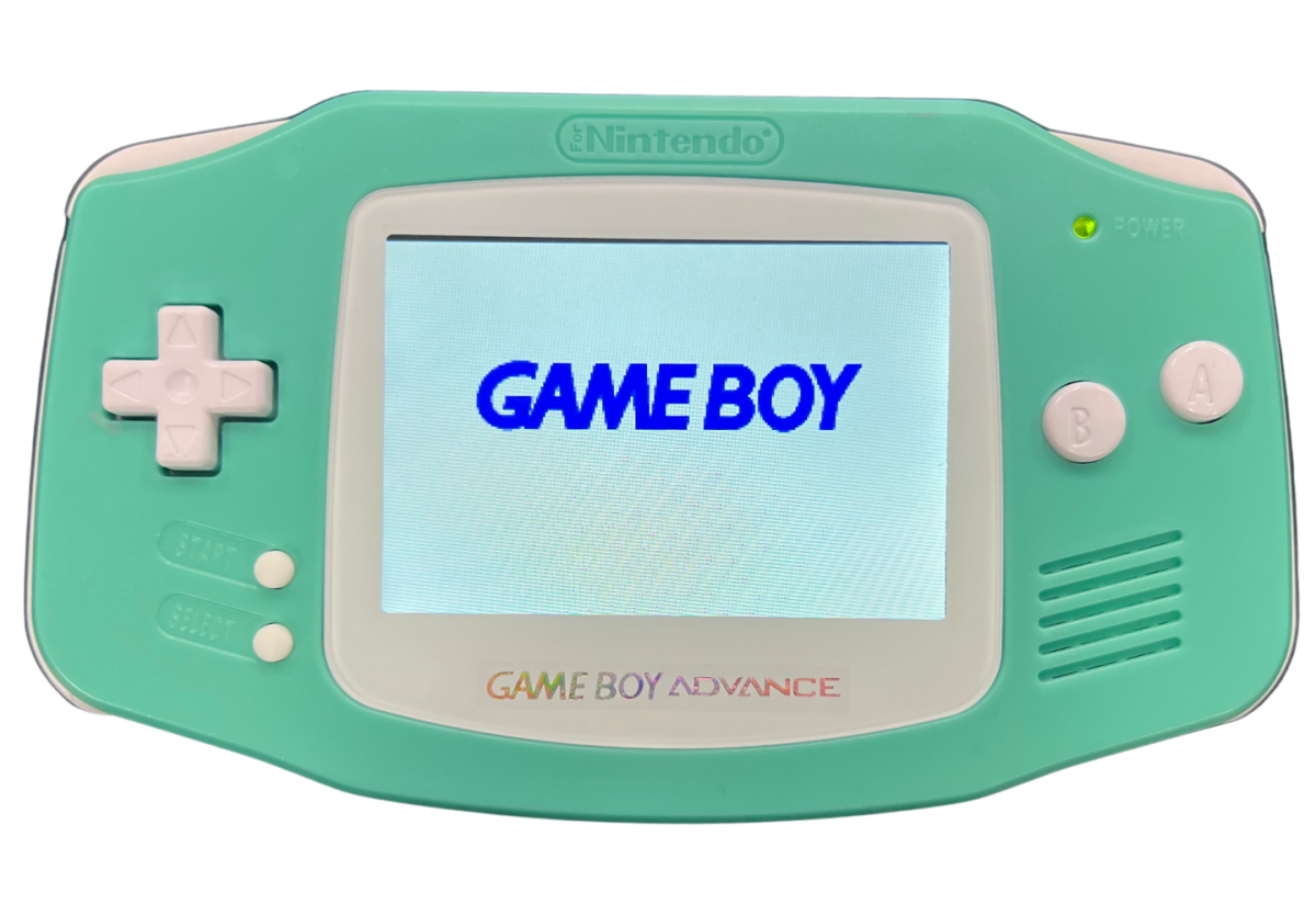 Game Boy Advance System GBA IPS Screen Custom Mint Green Shell Good Condition featuring a vibrant IPS display custom mint green housing classic handheld gaming design portable Game Boy Advance console and retro gaming collectible appeal front turned on
