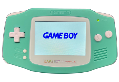 Game Boy Advance System GBA IPS Screen Custom Mint Green Shell Good Condition featuring a vibrant IPS display custom mint green housing classic handheld gaming design portable Game Boy Advance console and retro gaming collectible appeal front turned on
