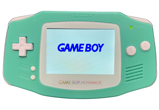 Game Boy Advance System GBA IPS Screen Custom Mint Green Shell Good Condition featuring a vibrant IPS display custom mint green housing classic handheld gaming design portable Game Boy Advance console and retro gaming collectible appeal front turned on