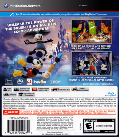 Disney Epic Mickey 2: The Power of Two back cover art for PlayStation 3 (PS3) video game