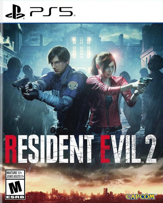 Resident Evil 2 PlayStation 5 PS5 for survival horror action video game fans featuring third person exploration intense combat zombies terrifying creatures puzzle solving resource management police station and Raccoon City environments Leon Kennedy and Claire Redfield campaigns cinematic storytelling and immersive horror adventure collectible gaming appeal front cover art