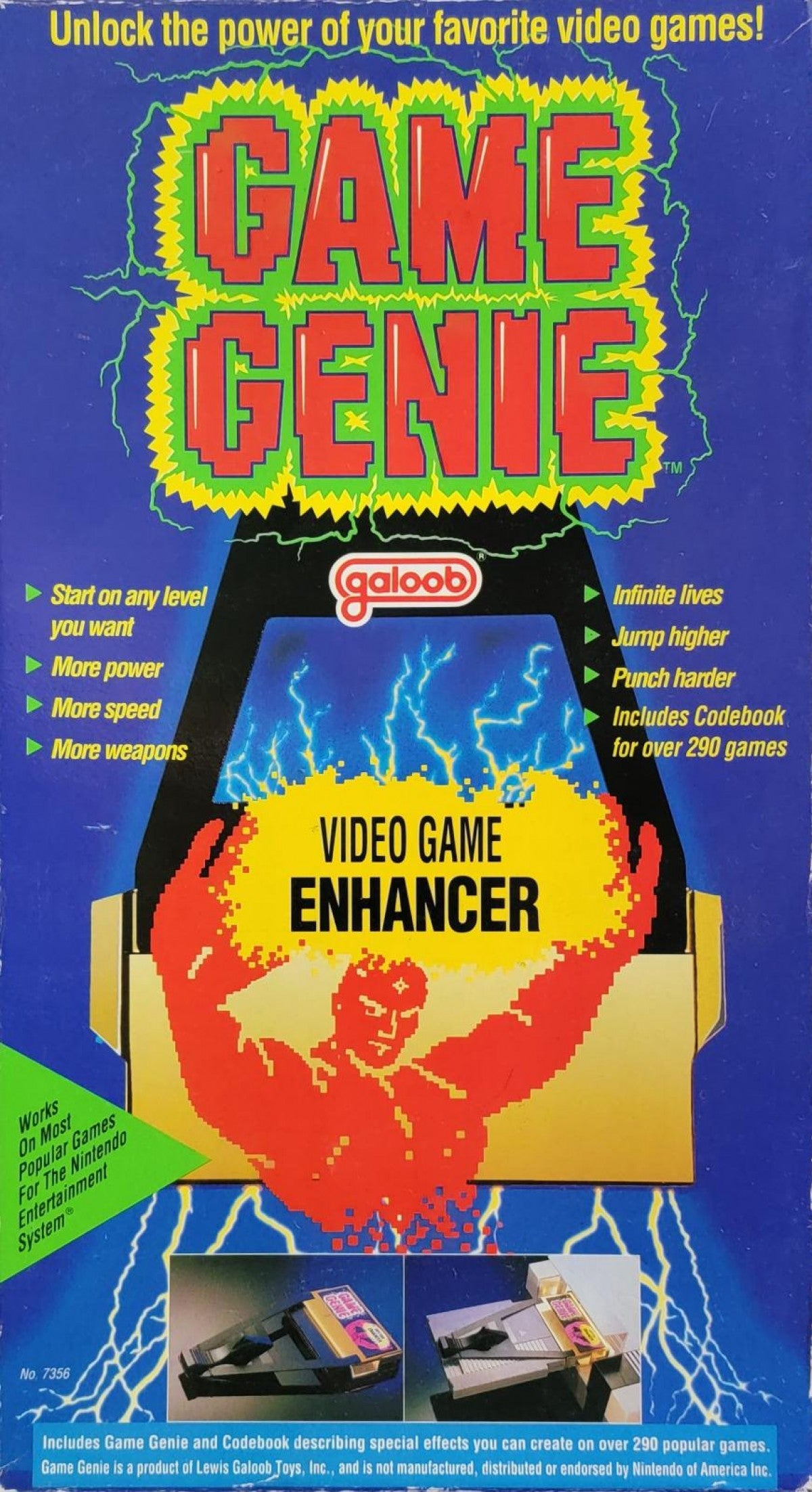 Game Genie for Nintendo Entertainment System (NES) at Gamers INC, featuring the legendary cheat-code breakthrough that unlocked a new dimension of gaming by allowing players to enter alphanumeric codes to bypass difficult levels, gain infinite lives, or discover hidden game features; this essential accessory includes the classic gold cartridge design and provides the ultimate power-up for your entire NES library, from Super Mario Bros. to The Legend of Zelda frront promotional art