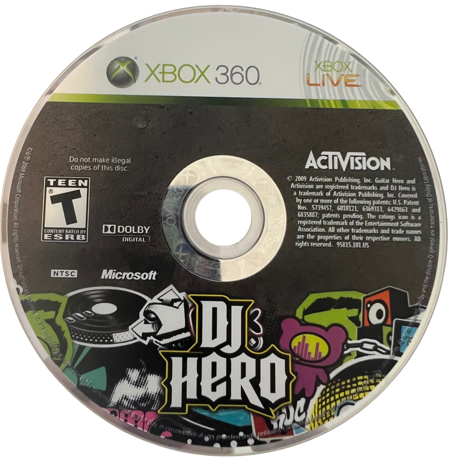 DJ Hero retro Xbox 360 video game featuring music rhythm gameplay, DJ mixing action, multiplayer party challenges and classic Xbox 360 entertainment - disc
