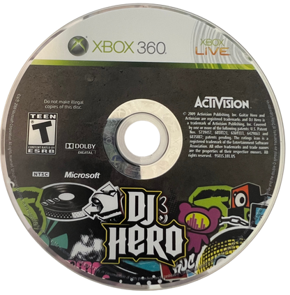 DJ Hero retro Xbox 360 video game featuring music rhythm gameplay, DJ mixing action, multiplayer party challenges and classic Xbox 360 entertainment - disc