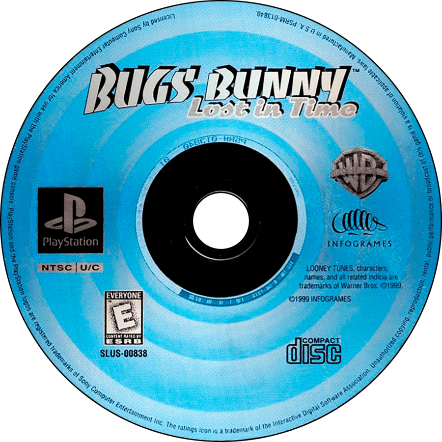 Bugs Bunny: Lost in Time game for the PlayStation featuring 3D platforming gameplay with time travel mechanics puzzle solving collectible items and cartoon themed levels as Bugs Bunny travels through different historical eras to return home disc