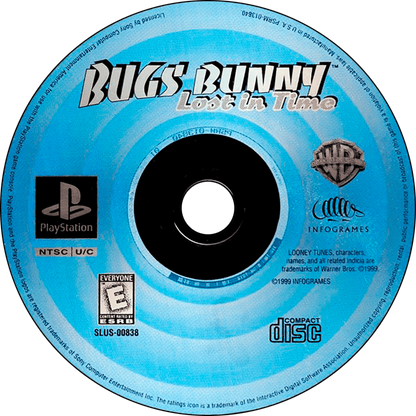 Bugs Bunny: Lost in Time game for the PlayStation featuring 3D platforming gameplay with time travel mechanics puzzle solving collectible items and cartoon themed levels as Bugs Bunny travels through different historical eras to return home disc