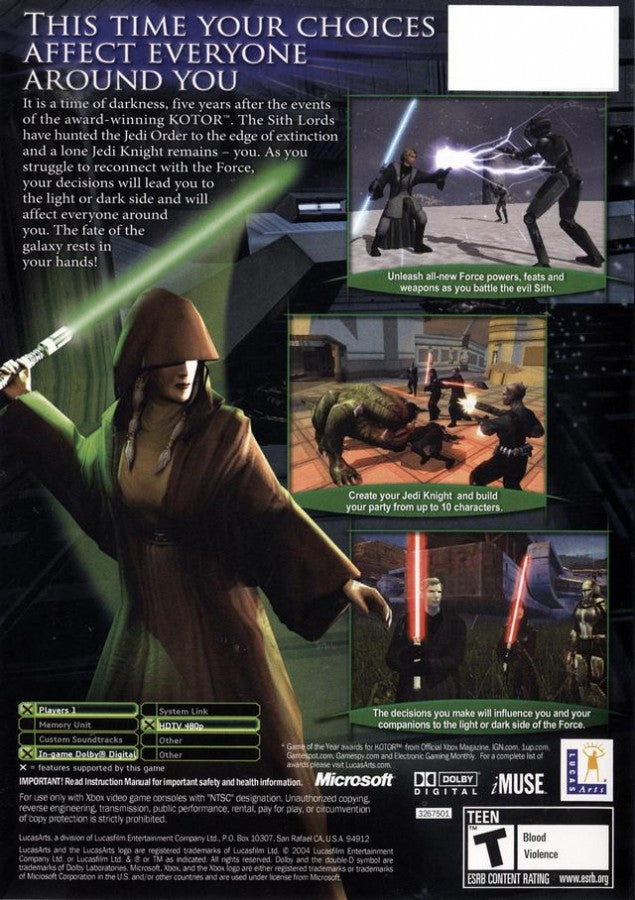 Star Wars: Knights of the Old Republic II: The Sith Lords back cover art for Xbox (XBOX) video game