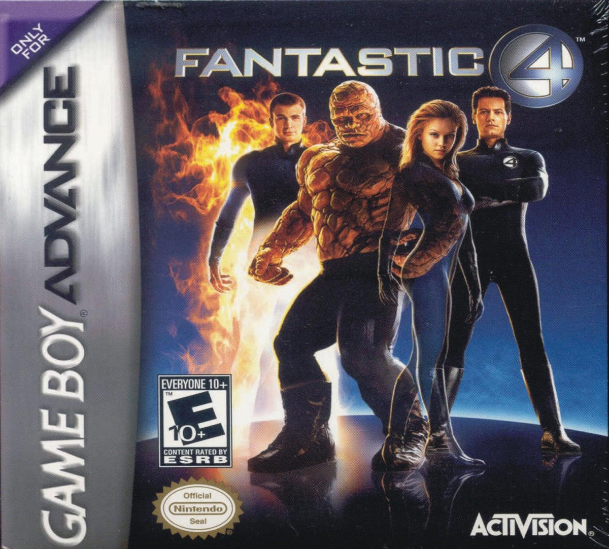 Fantastic 4 for Game Boy Advance (GBA), cover image for a retro video game featuring action beat-em-up gameplay, superhero combat, character-based abilities, side-scrolling missions, and comic-inspired adventure