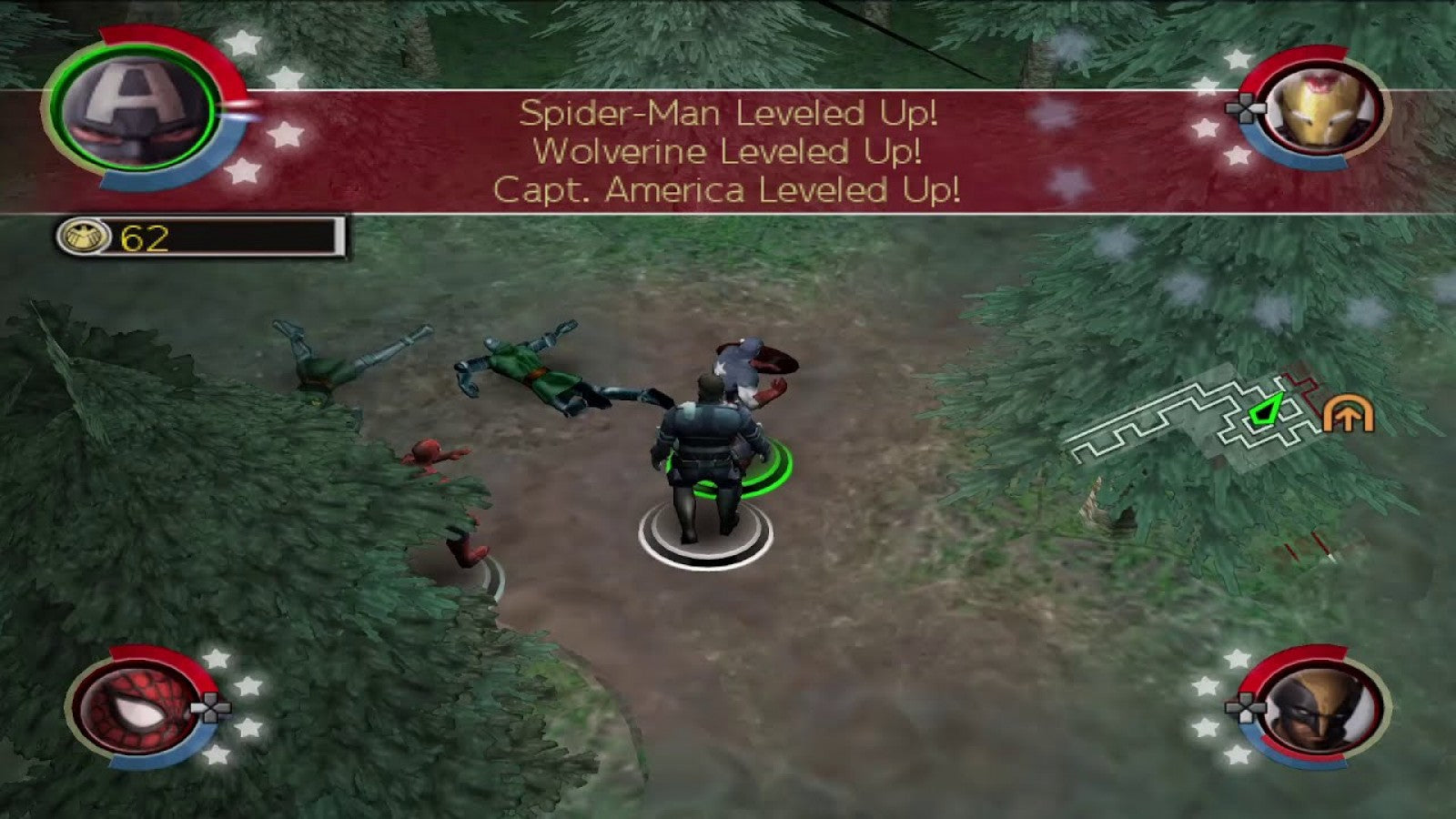 Marvel Ultimate Alliance 2 PlayStation 2 action RPG superhero team video game featuring Spider-Man Wolverine Captain America Iron Man Civil War storyline pro-registration anti-registration conflict fusion powers character customization four-player co-op beat em up gameplay comic book villain team ups Marvel universe roster alternate costumes stat upgrades gameplay screenshot