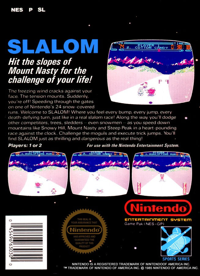 Slalom Nintendo Entertainment System NES for retro video game enthusiasts featuring alpine skiing gameplay downhill racing challenges slalom course navigation fast paced winter sports action responsive controls classic arcade style competition and collectible gaming appeal back art 