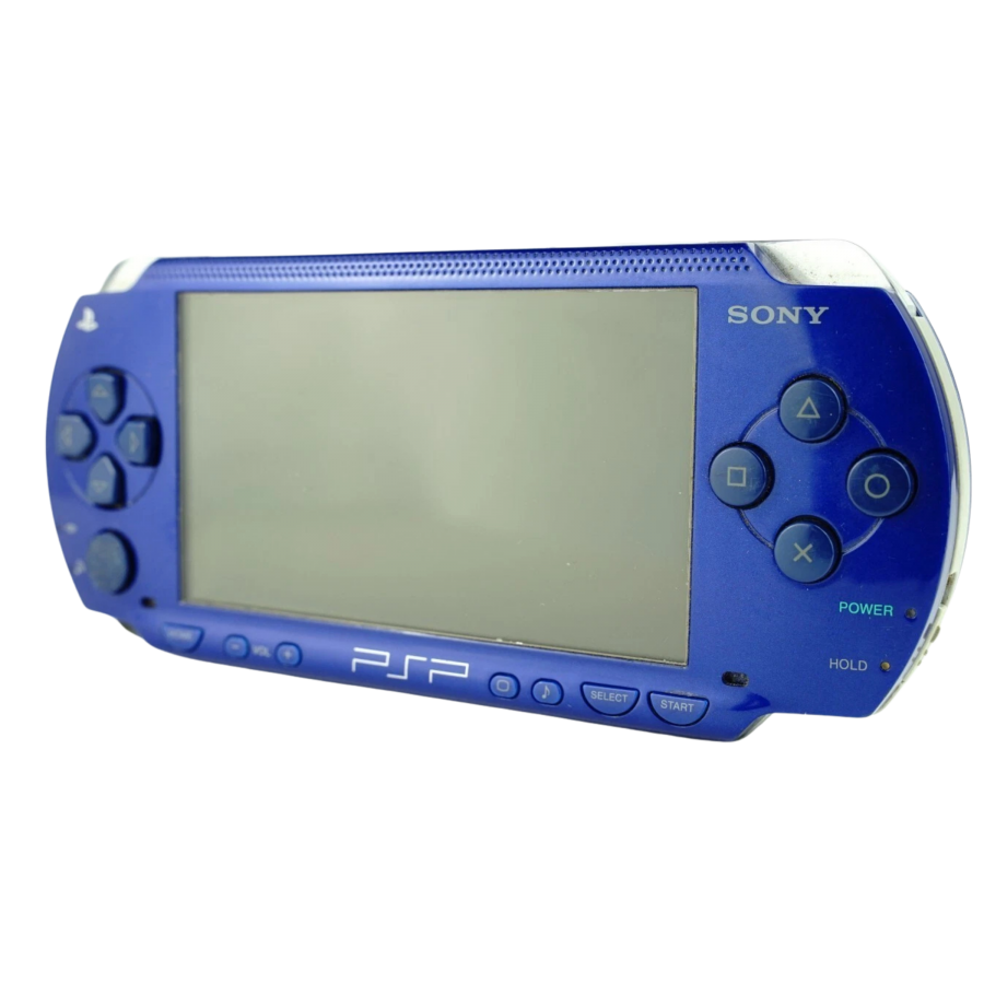 PlayStation Portable 1000 Console (PSP) [Blue][JP Import] in scratch and scuff condition featuring Sony’s original PSP-1000 handheld with a bright widescreen display and portable UMD gaming; this Japanese import system shows noticeable cosmetic wear but is fully functional and ready for gaming on the go right side