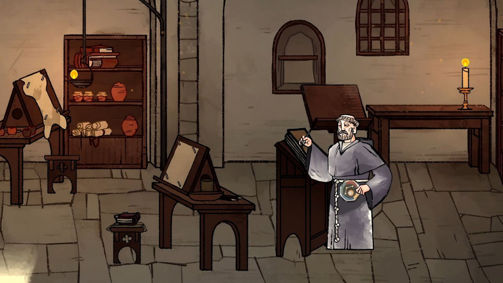 Pentiment Limited Run #229 Nintendo Switch inspired design featuring historical narrative adventure aesthetic illuminated manuscript inspired artwork medieval mystery storytelling branching dialogue choices investigative gameplay rich period detail and atmospheric illustrated presentation gameplay 