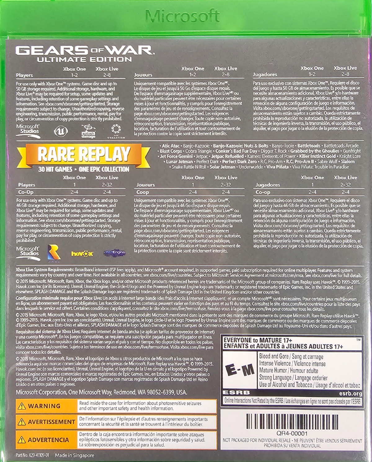 Gears of War Ultimate Edition and Rare Replay Xbox One for action and retro video game fans featuring remastered Gears of War campaign intense third person shooter gameplay online multiplayer plus Rare Replay collection with dozens of classic Rare games spanning platforming racing adventure arcade action and collectible gaming appeal back cover art