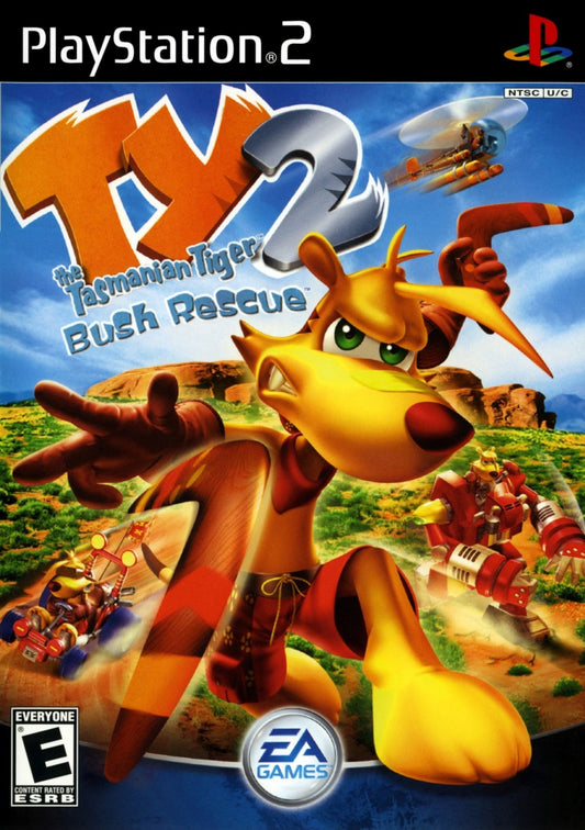 Ty the Tasmanian Tiger 2 Bush Rescue for PlayStation 2 action platformer video game featuring open hub worlds boomerang based combat Australian themed environments and classic cartoon style adventure experience cover art