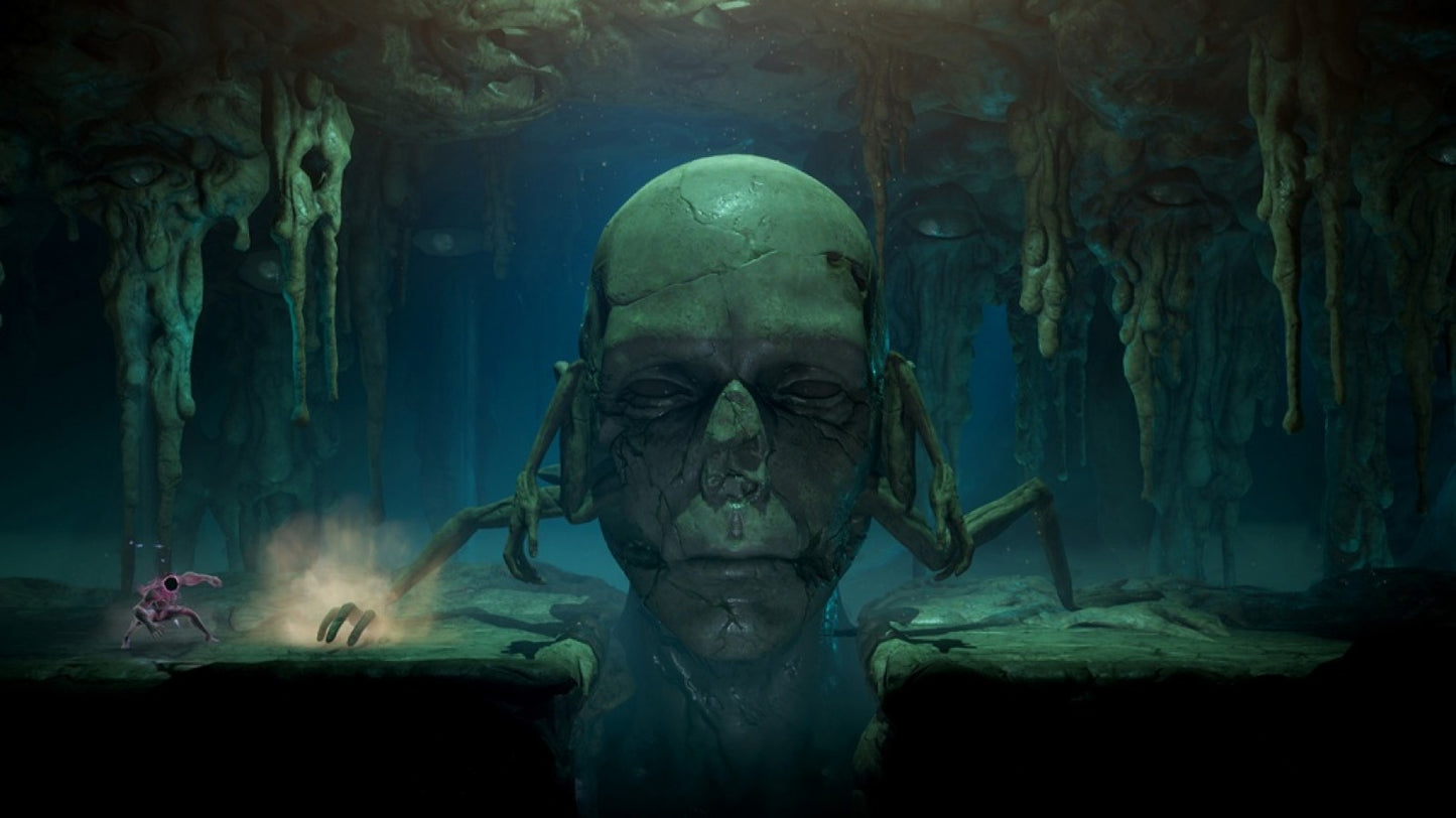 GRIME Definitive Edition Nintendo Switch inspired design featuring dark surreal action adventure aesthetic organic metamorphic world exploration challenging parry based combat grotesque cosmic environments metroidvania progression and atmospheric body horror gameplay presentation gameplay 