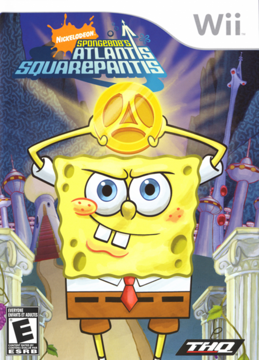 SpongeBob’s Atlantis SquarePantis for Nintendo Wii, cover image for an action-adventure party video game with SpongeBob characters, mini-games, platforming challenges, and family-friendly cartoon gameplay