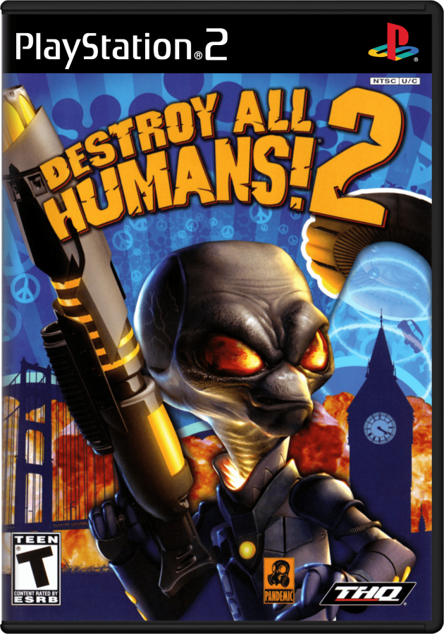 Destroy All Humans 2 PS2 Sony PlayStation 2 action adventure game open world alien invasion Crypto alien sci fi humor sandbox gameplay destruction weapons gadgets multiplayer split screen THQ Pandemic Studios PlayStation 2 software video game title cover art
