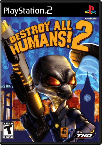 Destroy All Humans 2 PS2 Sony PlayStation 2 action adventure game open world alien invasion Crypto alien sci fi humor sandbox gameplay destruction weapons gadgets multiplayer split screen THQ Pandemic Studios PlayStation 2 software video game title cover art