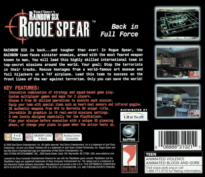 Tom Clancy's Rainbow Six: Rogue Spear back of case for PlayStation 1 (PS1) tactical shooter video game