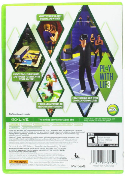 The Sims 3 Platinum Hits for Xbox 360 life simulation video game featuring open ended gameplay character creation home building social interactions and classic Maxis franchise experience back cover