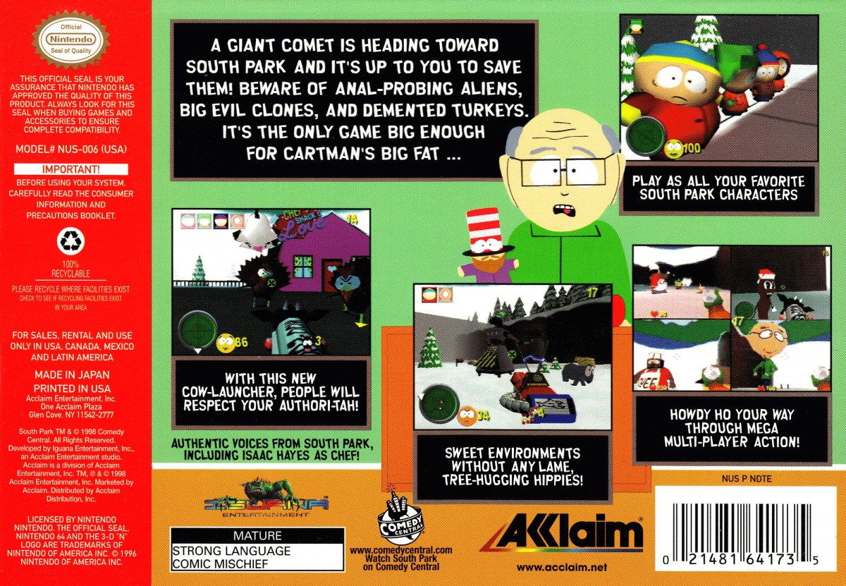 South Park back cover art for Nintendo 64 (N64) video game