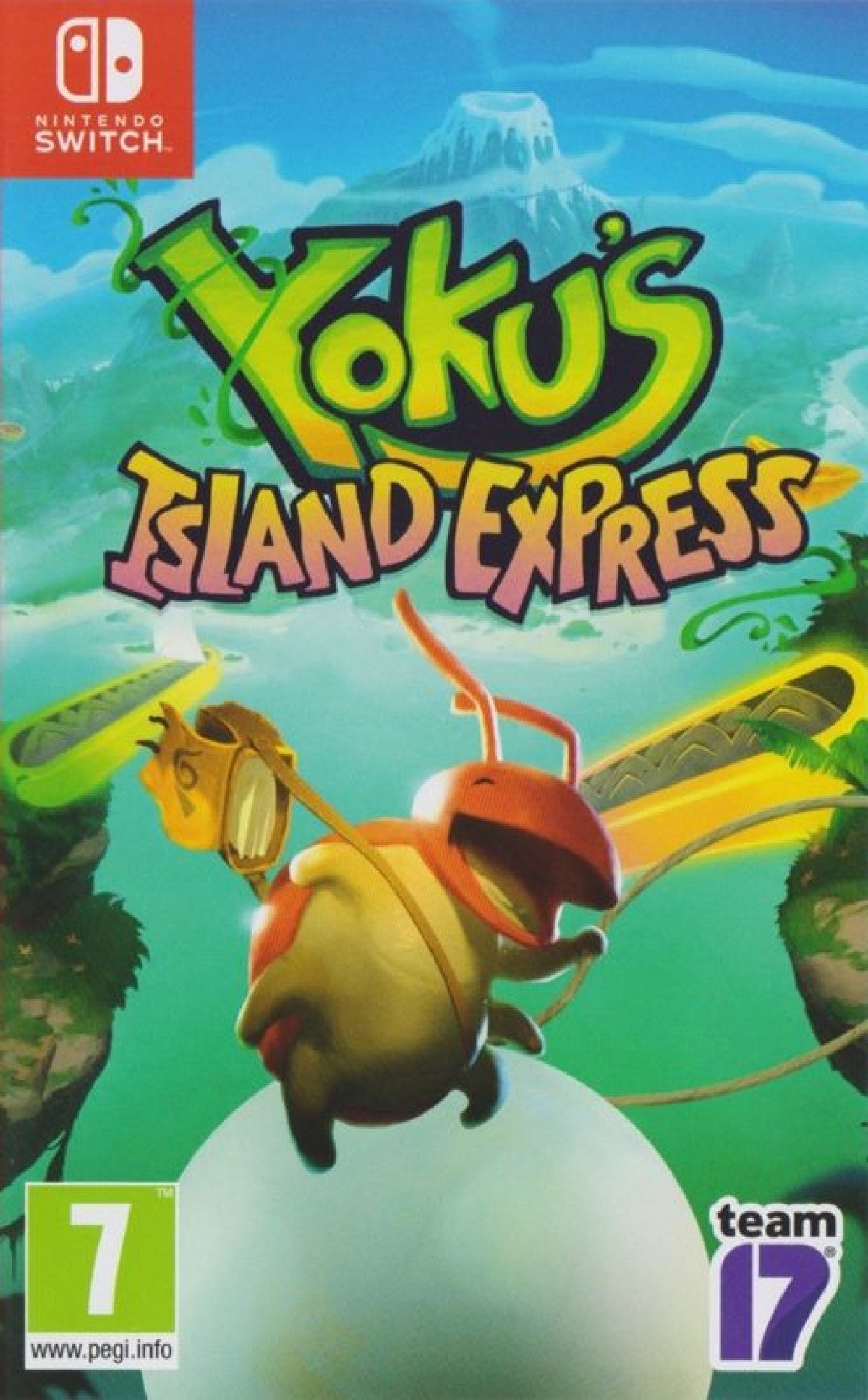 Yoku's Island Express Nintendo Switch inspired design featuring charming pinball platform adventure aesthetic vibrant tropical island exploration unique physics based gameplay colorful characters whimsical quests open world discovery and family friendly fun presentation front cover