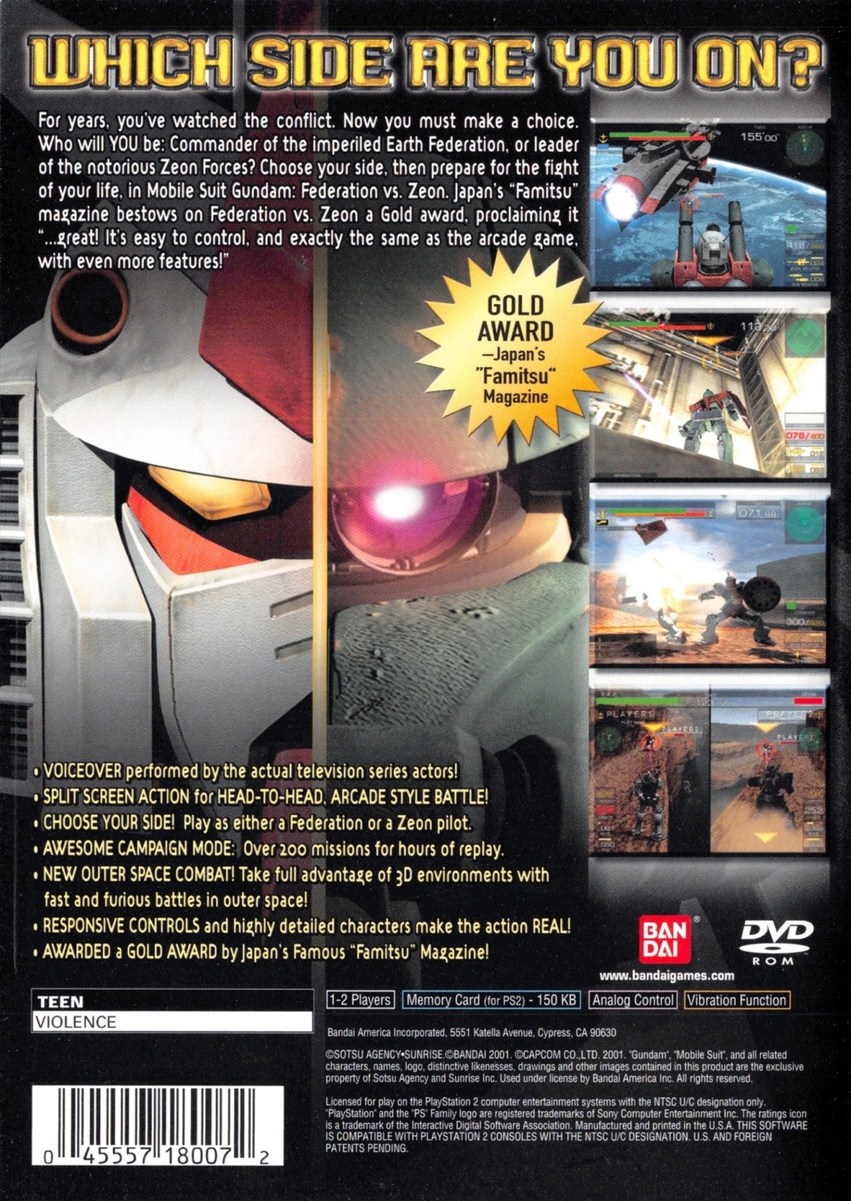 Retro Mobile Suit Gundam Federation vs Zeon PS2 inspired design featuring classic anime mech combat aesthetic vintage PlayStation 2 giant robot warfare Earth Federation versus Zeon mobile suit battles arcade action sci fi military gameplay nostalgic Gundam presentation back cover art