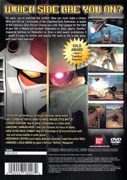 Retro Mobile Suit Gundam Federation vs Zeon PS2 inspired design featuring classic anime mech combat aesthetic vintage PlayStation 2 giant robot warfare Earth Federation versus Zeon mobile suit battles arcade action sci fi military gameplay nostalgic Gundam presentation back cover art
