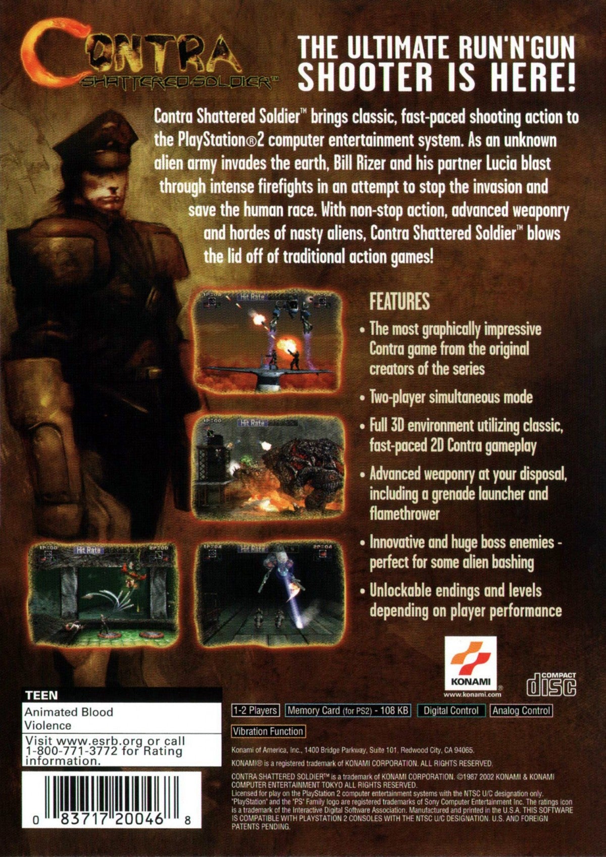 Contra: Shattered Soldier for PlayStation 2 with side-scrolling run-and-gun action and classic shooter back cover art