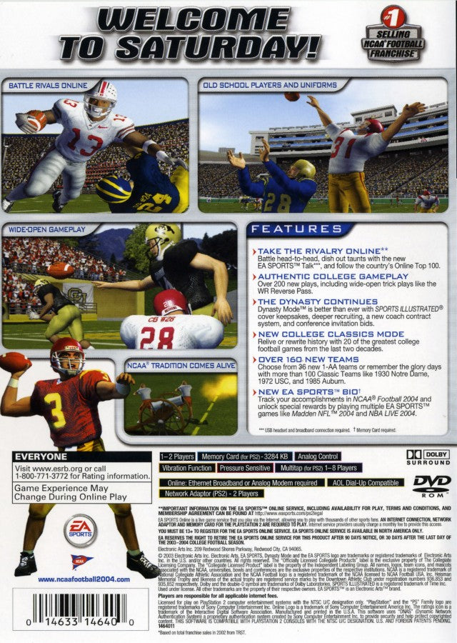 NCAA Football 2004 – PlayStation 2 (PS2) college football sports video game back of case