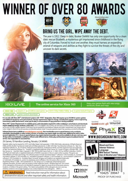 BioShock Infinite Ultimate Songbird Edition Xbox 360 inspired design featuring steampunk sci fi action adventure aesthetic floating city exploration alternate history storytelling powerful Songbird guardian cinematic combat immersive first person gameplay collector edition presentation rear art 