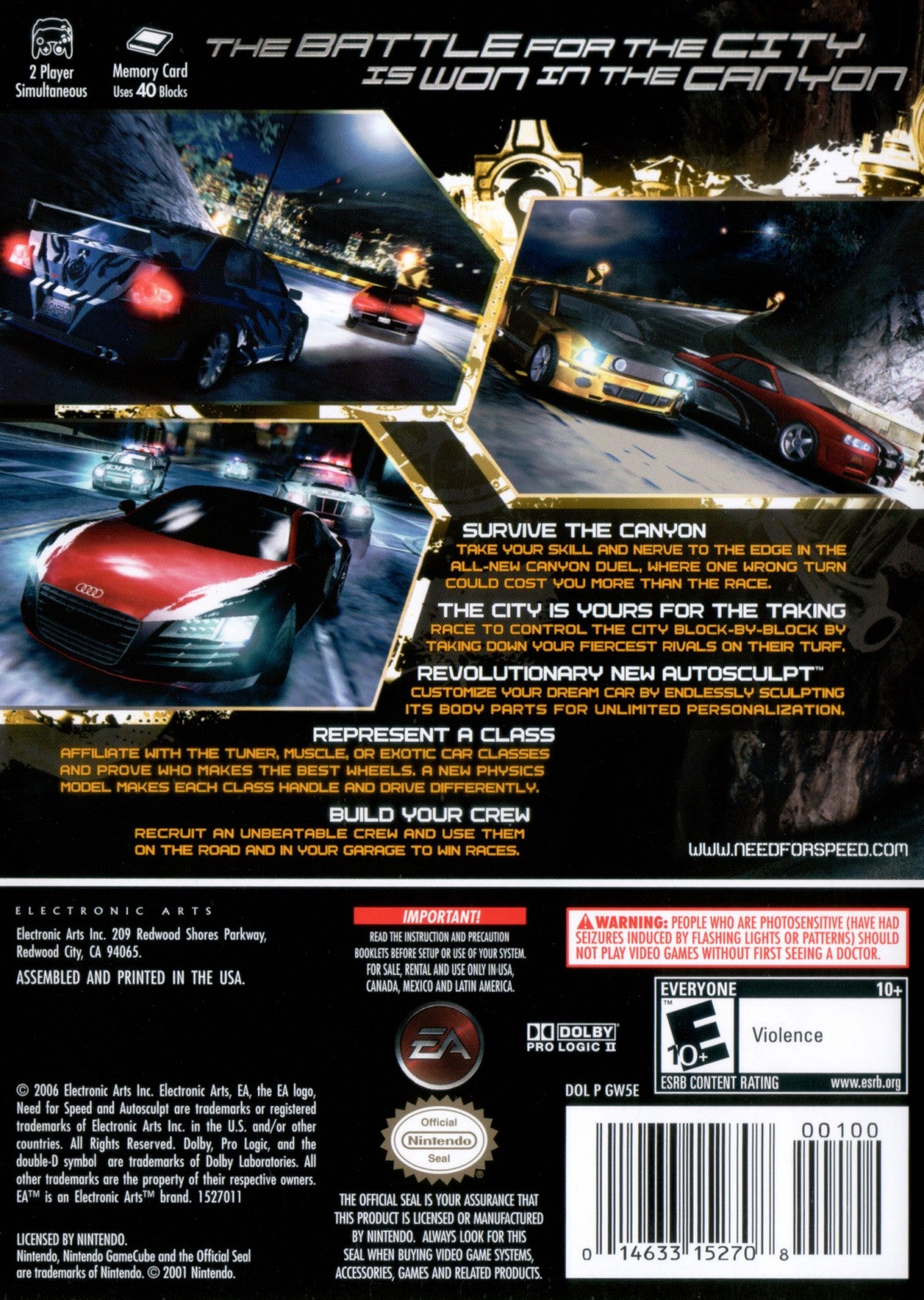 Need for Speed: Carbon for Nintendo GameCube (GC) at Gamers INC, featuring the adrenaline-fueled sequel to Most Wanted that takes the fight for street supremacy into the treacherous curves of Carbon Canyon, where you lead a crew of specialized tuners, muscles, and exotics to conquer rival territories through high-stakes "Canyon Duels" and strategic team-based racing in the series' most atmospheric urban night-driving experience back cover