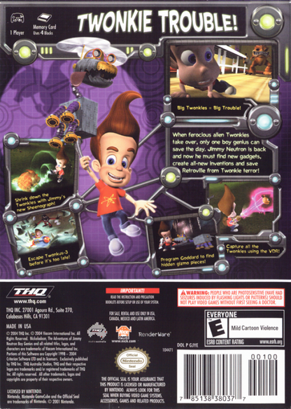 Back cover art for The Adventures of Jimmy Neutron Boy Genius Attack of the Twonkies GameCube GC video game, action adventure, cartoon, family-friendly, platformer, Nintendo GameCube classic